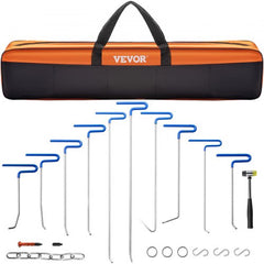 20-piece stainless steel paintless dent repair rod kit with rods, hammer, hooks, and carry bag.