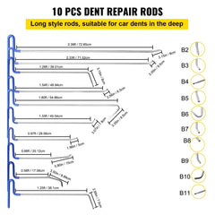 Set of 10 stainless steel dent repair rods in various long styles and lengths for car dents.