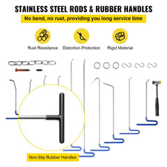 20-piece stainless steel paintless dent repair rod kit with rubber handles and tools.