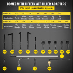 7.5L transmission fluid pressure bleeder with 15 adapters for various vehicles.