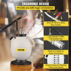 White 7.5L transmission fluid pressure bleeder with ergonomic handle and flow control valve.