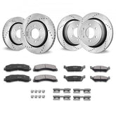 Set of four silver drilled and slotted brake rotors with black ceramic brake pads kit.