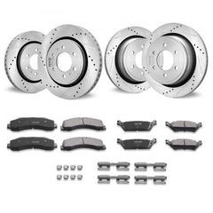 Set of four silver drilled and slotted brake rotors with black ceramic brake pads kit.