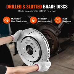 Bostome drilled and slotted brake rotors and pads kit for 2012-2020 Ford F-150, shown held by hands in gloves.