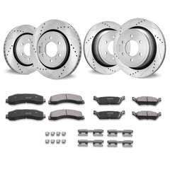 Four silver drilled slotted brake rotors and black ceramic brake pads kit.