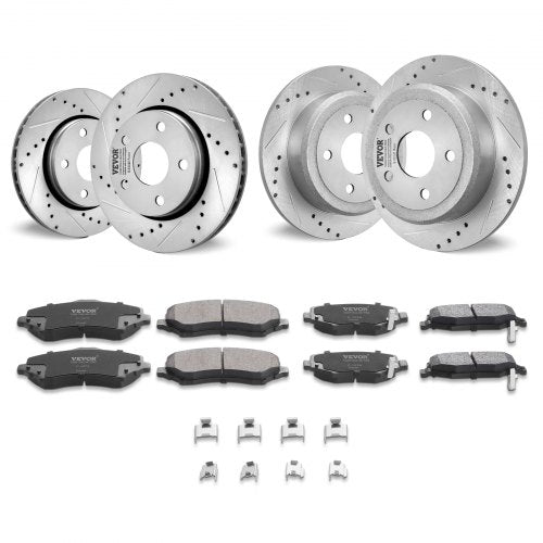 Four silver drilled and slotted brake rotors and eight black ceramic brake pads for Jeep Wrangler.
