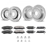 Four silver drilled and slotted brake rotors and eight black ceramic brake pads for Jeep Wrangler.