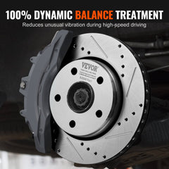 Close-up of VEVOR drilled and slotted brake rotor with gray caliper on Jeep Wrangler.