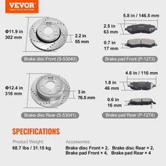 Drilled slotted brake rotors and pads kit for 2007-2017 Jeep Wrangler with dimensions.