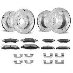 A complete set of drilled and slotted brake rotors, pads, and hardware.