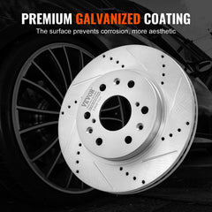 A silver Vevor drilled and slotted brake rotor is shown against a car wheel.