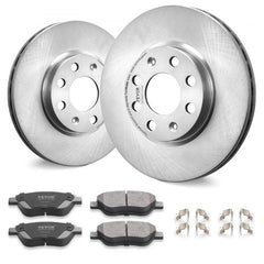 Pair of silver front brake rotors and ceramic brake pads kit for Vauxhall Adam Corsa D.