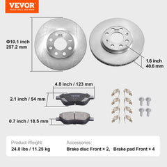 Front brake kit with two 237mm rotors and four ceramic pads for Vauxhall Adam Corsa D, shown with dimensions.