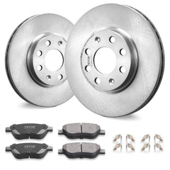 Pair of silver front brake rotors and black ceramic brake pads kit for Vauxhall.