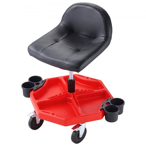 Bostome Mechanics Rolling Work Stool with adjustable height, swivel seat, and tool storage tray.