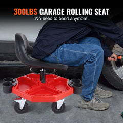Bostome Mechanics Rolling Work Stool with adjustable height, swivel seat, and tool storage tray.