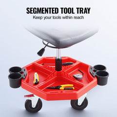 Bostome Mechanics Rolling Work Stool with adjustable height, swivel seat, and tool storage tray.