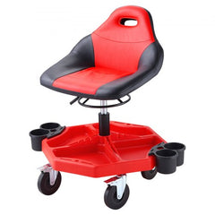 Adjustable mechanic stool with padded seat, storage tray, and locking casters for mobility.