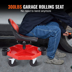 Bostome rolling garage stool with adjustable height, padded seat, and locking casters.