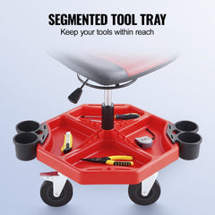 Adjustable mechanic stool with padded seat, storage tray, and locking casters for mobility.