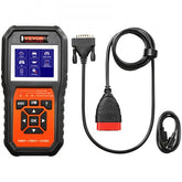 Handheld BMW OBD2 scanner with color screen, buttons, and OBD cable.