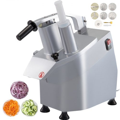 Silver commercial vegetable processor with 6 stainless steel blades and sliced vegetables.