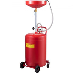 Red 20-gallon portable waste oil drain tank with air-operated pump, adjustable funnel, and wheels.
