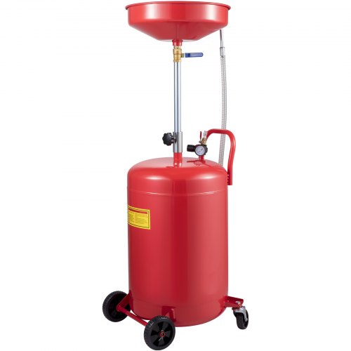 Red 20 gallon air operated waste oil drain tank with adjustable height and wheels.