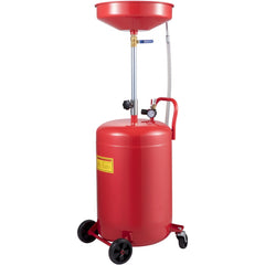 Red 20-gallon air-operated waste oil drain tank with adjustable height funnel and wheels.