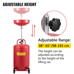 Red 20-gallon waste oil drain tank with adjustable height funnel from 38 to 65 inches and air-operated controls on wheels.