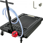 Bostome 17-gallon low profile oil drain pan with 8ft hose and four swivel casters.