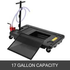 Bostome 17-gallon low profile oil drain pan with an 8ft hose and four swivel casters.