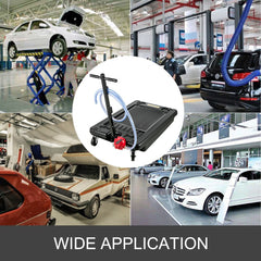 Low profile 17-gallon oil drain pan with 8ft hose and four swivel casters for mobility.