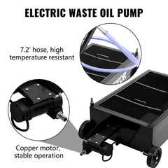 Low profile oil drain pan with electric pump, 25-gallon capacity, and heavy-duty casters.