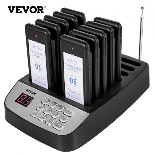 F100 restaurant pager system with black base station, 10 wireless pagers in dock, and numeric keypad.