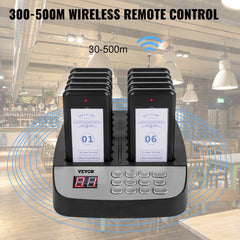 F100 restaurant pager system with 10 wireless pagers in a charging dock, digital display, and 300-500m range indicator.