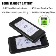 Two black wireless restaurant pagers stacked, showing battery details and 48-hour standby time.