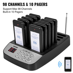 A black and silver restaurant pager system with 10 pagers in a charging base.
