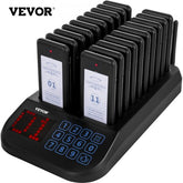 Bostome F103 restaurant pager system with 20 black wireless pagers in a charging dock and numeric keypad.