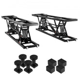 Pair of black carbon steel portable car lifts with adjustable height up to 25.6 inches and included rubber pads and blocks.
