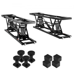 Pair of black carbon steel portable car lifts with adjustable height up to 25.6 inches and included rubber pads and blocks.