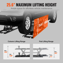 Diagram of Bostome 5000 lbs portable car lift showing 25.6-inch maximum lifting height and column and pad lifting ranges.