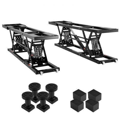 Portable car lift with carbon steel construction, adjustable height, and safety locks.