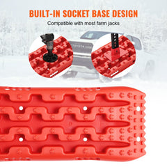 Two red traction boards with non-slip teeth and pull straps for vehicle recovery in mud and snow.