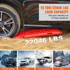 Red traction boards made of PP material, designed for vehicle recovery in mud, snow, and sand.