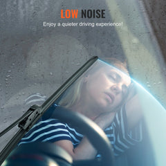 A woman sleeping peacefully at the wheel with a 16-inch low-noise rubber wiper blade on the windshield.