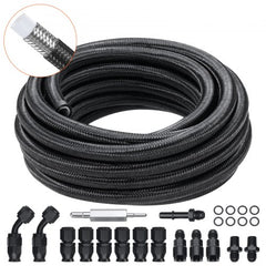 Bostome 6AN PTFE fuel line kit with 25ft black braided hose and 15 swivel fittings.