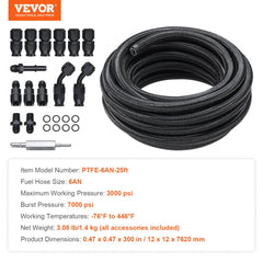 Bostome 6AN PTFE fuel line kit with 25ft black braided hose and 15 swivel fittings.