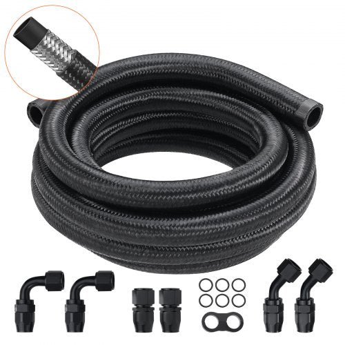 Black 10AN fuel line kit with 10ft stainless steel braided nylon hose and aluminum fittings.