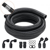 Black 10AN fuel line kit with 10ft stainless steel braided nylon hose and aluminum fittings.